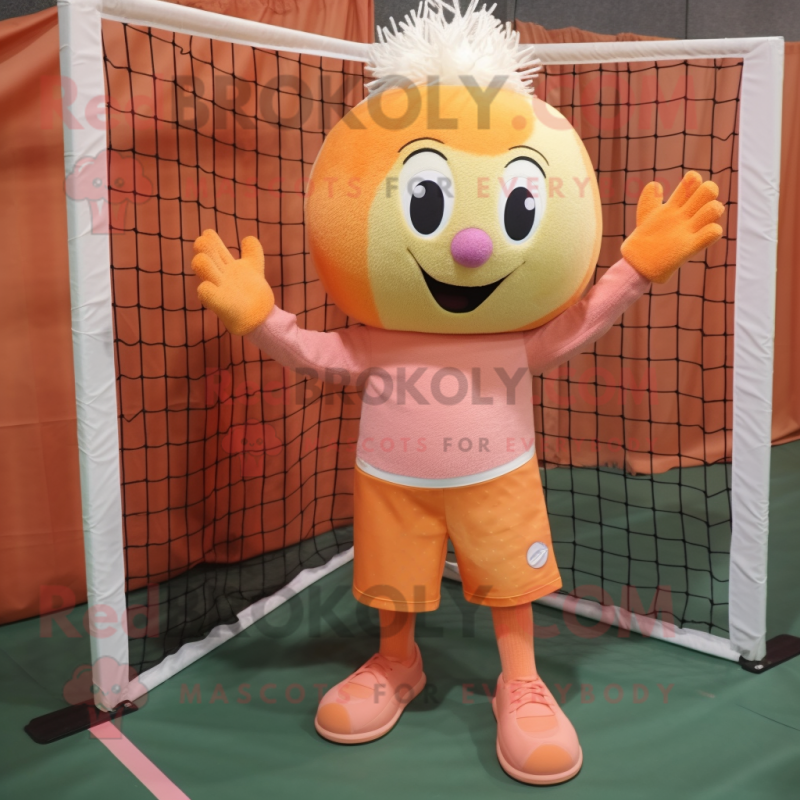 Peach Volleyball Net mascot costume character dressed with a Corduroy Pants and Mittens Peach Volleyball Net mascot costume character dressed with a Corduroy Pants and Mittens
