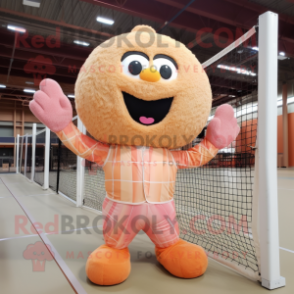 Peach Volleyball Net mascot costume character dressed with a Corduroy Pants and Mittens