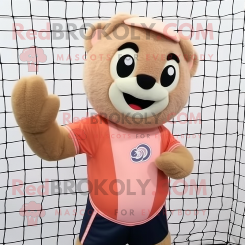 Peach Volleyball Net mascot costume character dressed with a Corduroy Pants and Mittens