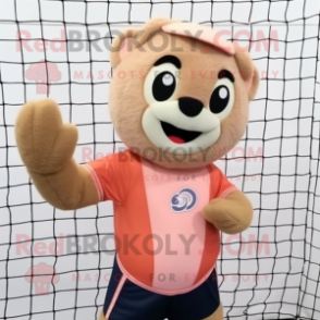 Peach Volleyball Net mascot costume character dressed with a Corduroy Pants and Mittens