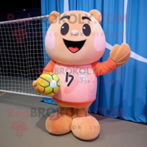 Peach Volleyball Net mascot costume character dressed with a Corduroy Pants and Mittens