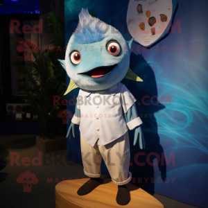 Blue Tuna mascot costume character dressed with a Button-Up Shirt and Hairpins