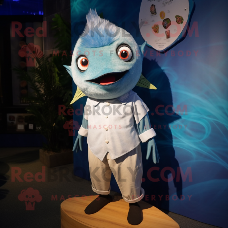 Blue Tuna mascot costume character dressed with a Button-Up Shirt and Hairpins Blue Tuna mascot costume character dressed with a Button-Up Shirt and Hairpins