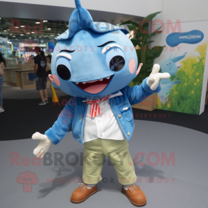 Blue Tuna mascot costume character dressed with a Button-Up Shirt and Hairpins