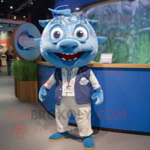 Blue Tuna mascot costume character dressed with a Button-Up Shirt and Hairpins