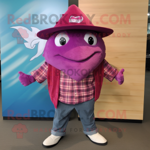 Magenta Stingray mascot costume character dressed with a Flannel Shirt and Hat pins