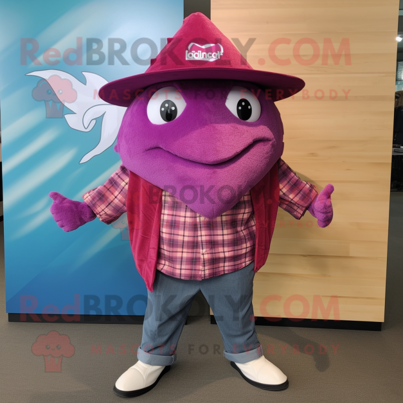 Magenta Stingray mascot costume character dressed with a Flannel Shirt and Hat pins Magenta Stingray mascot costume character dressed with a Flannel Shirt and Hat pins