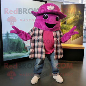 Magenta Stingray mascot costume character dressed with a Flannel Shirt and Hat pins