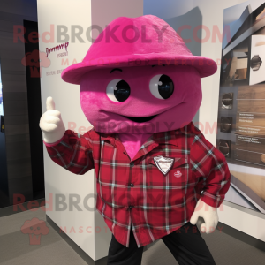 Magenta Stingray mascot costume character dressed with a Flannel Shirt and Hat pins