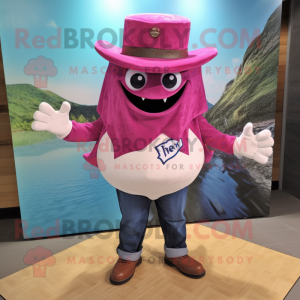 Magenta Stingray mascot costume character dressed with a Flannel Shirt and Hat pins