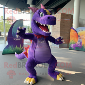 Purple Spinosaurus mascot costume character dressed with a Vest and Anklets