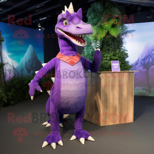 Purple Spinosaurus mascot costume character dressed with a Vest and Anklets