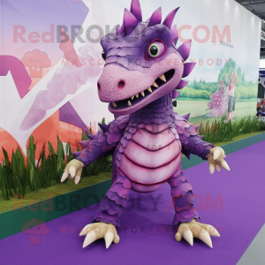 Purple Spinosaurus mascot costume character dressed with a Vest and Anklets