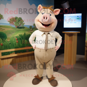 Beige Sow mascot costume character dressed with a Romper and Tie pins