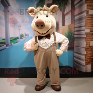Beige Sow mascot costume character dressed with a Romper and Tie pins