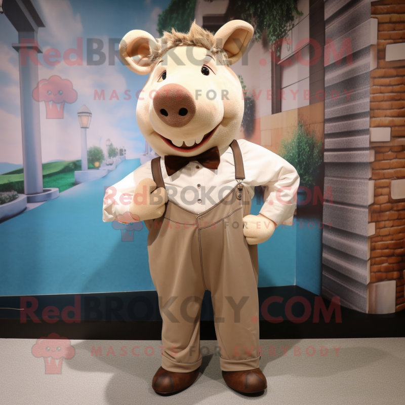 Beige Sow mascot costume character dressed with a Romper and Tie pins