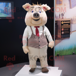 Beige Sow mascot costume character dressed with a Romper and Tie pins