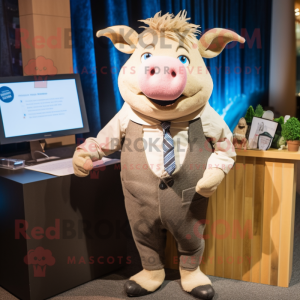 Beige Sow mascot costume character dressed with a Romper and Tie pins