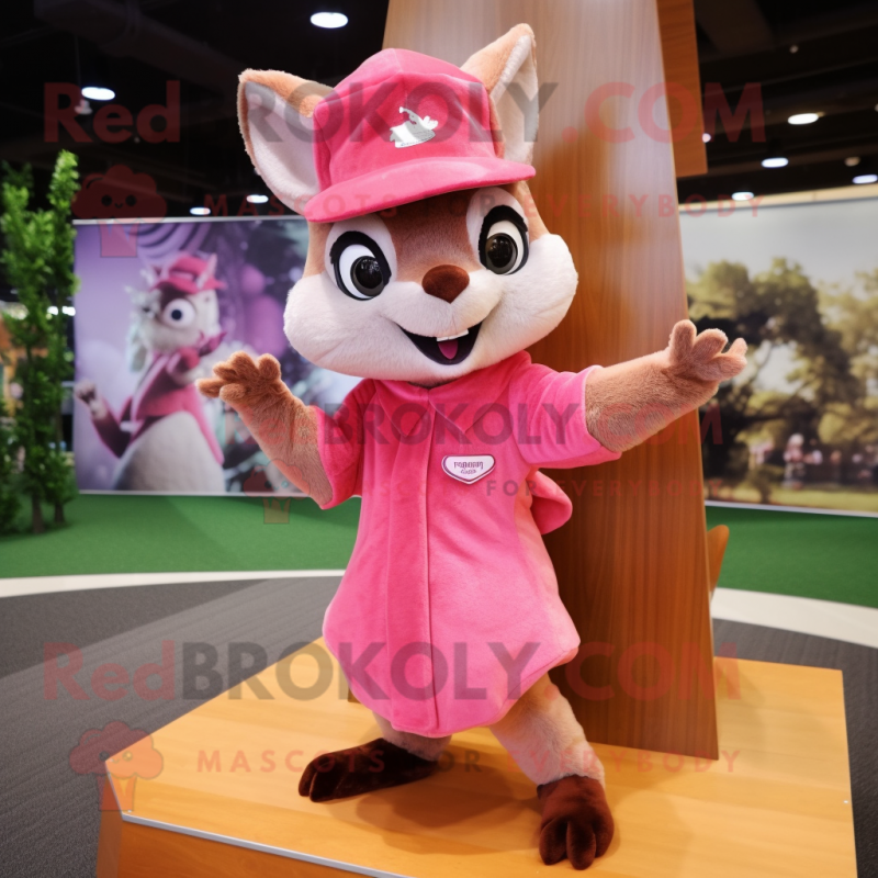 Pink Flying Squirrel mascot costume character dressed with a Shift Dress and Hat pins