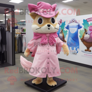 Pink Flying Squirrel mascot costume character dressed with a Shift Dress and Hat pins