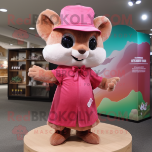 Pink Flying Squirrel mascot costume character dressed with a Shift Dress and Hat pins