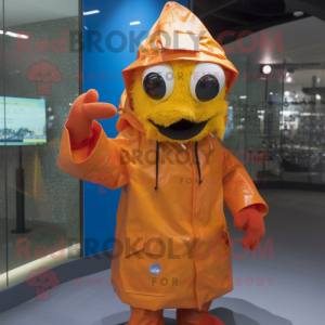 Rust Goldfish mascot costume character dressed with a Raincoat and Gloves