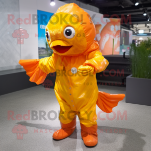 Rust Goldfish mascot costume character dressed with a Raincoat and Gloves