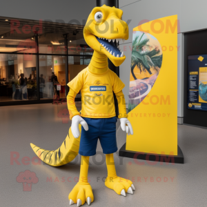 Yellow Spinosaurus mascot costume character dressed with a Graphic Tee and Wraps