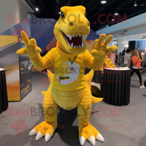 Yellow Spinosaurus mascot costume character dressed with a Graphic Tee and Wraps