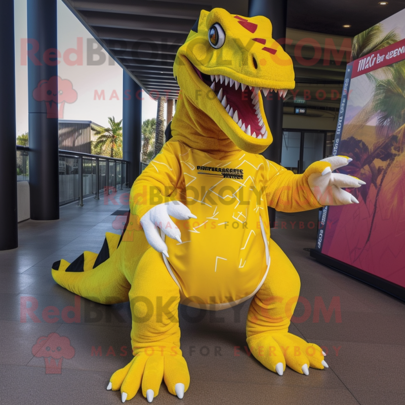 Yellow Spinosaurus mascot costume character dressed with a Graphic Tee and Wraps