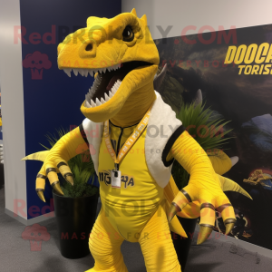 Yellow Spinosaurus mascot costume character dressed with a Graphic Tee and Wraps