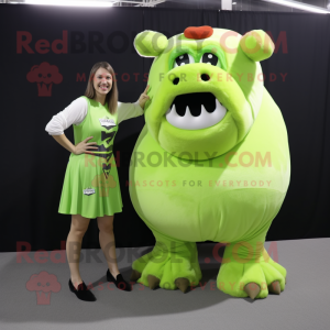 Lime Green Bison mascot costume character dressed with a A-Line Dress and Foot pads