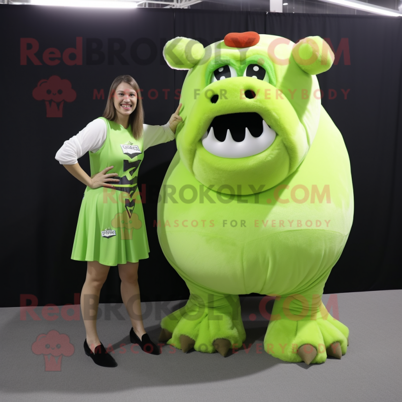 Lime Green Bison mascot costume character dressed with a A-Line Dress and Foot pads Lime Green Bison mascot costume character dressed with a A-Line Dress and Foot pads