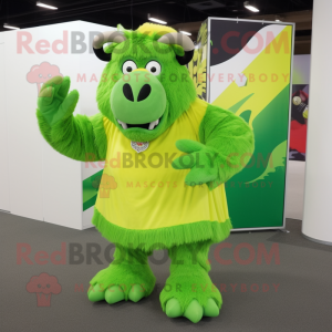 Lime Green Bison mascot costume character dressed with a A-Line Dress and Foot pads