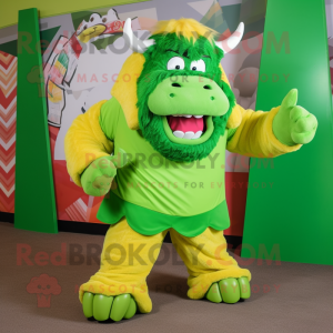 Lime Green Bison mascot costume character dressed with a A-Line Dress and Foot pads