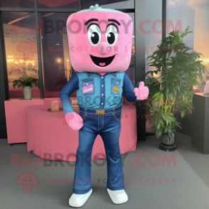 Pink Pad Thai mascot costume character dressed with a Denim Shirt and Tie pins