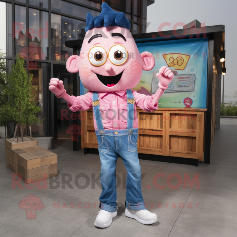 Pink Pad Thai mascot costume character dressed with a Denim Shirt and Tie pins Pink Pad Thai mascot costume character dressed with a Denim Shirt and Tie pins