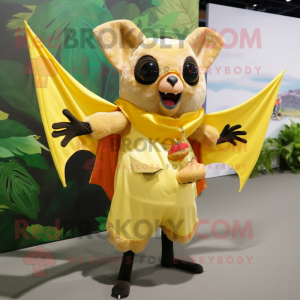 Gold Fruit Bat mascot costume character dressed with a Wrap Skirt and Suspenders