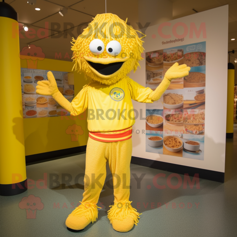 Yellow Jambalaya mascot costume character dressed with a Long Sleeve Tee and Anklets Yellow Jambalaya mascot costume character dressed with a Long Sleeve Tee and Anklets