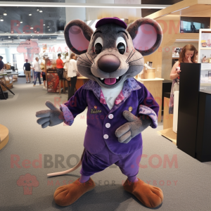 Purple Rat mascot costume character dressed with a Button-Up Shirt and Cummerbunds