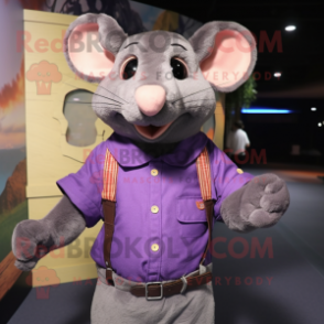 Purple Rat mascot costume character dressed with a Button-Up Shirt and Cummerbunds