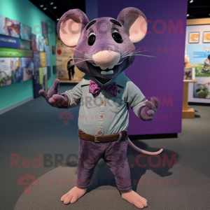 Purple Rat mascot costume character dressed with a Button-Up Shirt and Cummerbunds