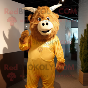 Gold Yak mascot costume character dressed with a Jumpsuit and Pocket squares
