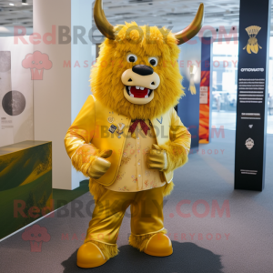 Gold Yak mascot costume character dressed with a Jumpsuit and Pocket squares