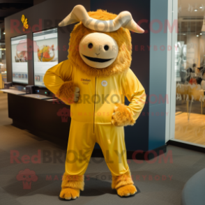 Gold Yak mascot costume character dressed with a Jumpsuit and Pocket squares