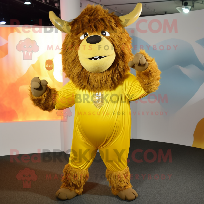 Gold Yak mascot costume character dressed with a Jumpsuit and Pocket squares