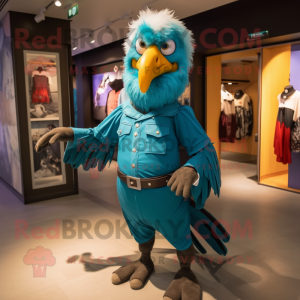 Turquoise Vulture mascot costume character dressed with a Jeans and Belts