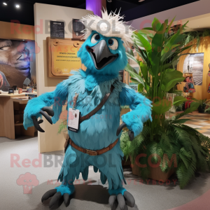 Turquoise Vulture mascot costume character dressed with a Jeans and Belts