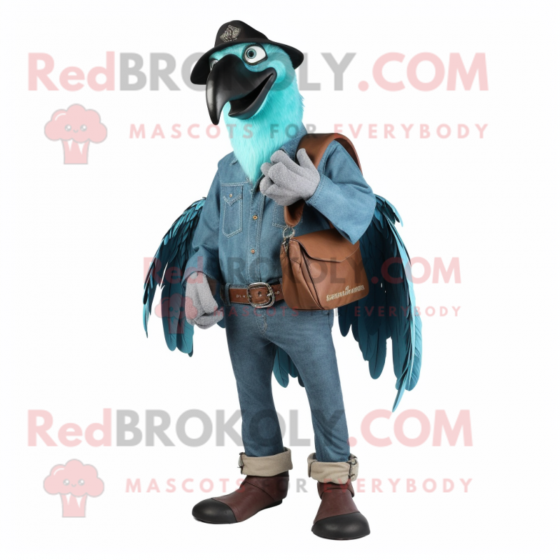Turquoise Vulture mascot costume character dressed with a Jeans and Belts Turquoise Vulture mascot costume character dressed with a Jeans and Belts