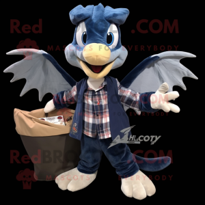 Navy Pterodactyl mascot costume character dressed with a Flannel Shirt and Coin purses